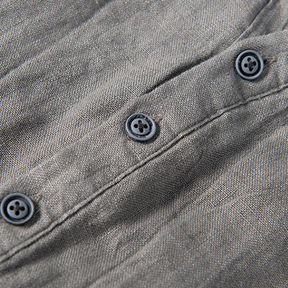 Buddha Stones Solid Color Short Sleeve Half Button Shirt Cotton Linen Men Clothing