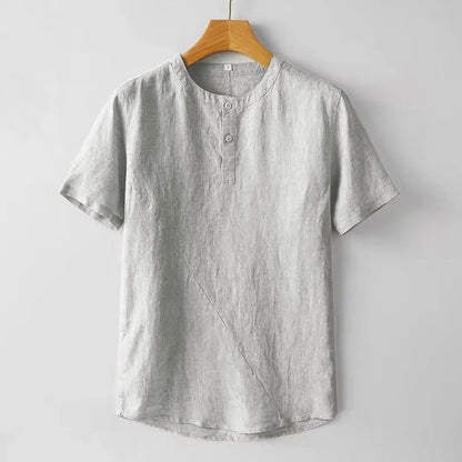 Buddha Stones Summer Men's Solid Color Button Short Sleeve Cotton Linen Shirt