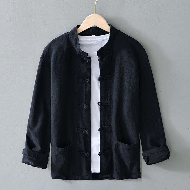 Buddha Stones Frog-Button Chinese Tang Suit Cotton Linen Men Jacket Shirt With Pockets