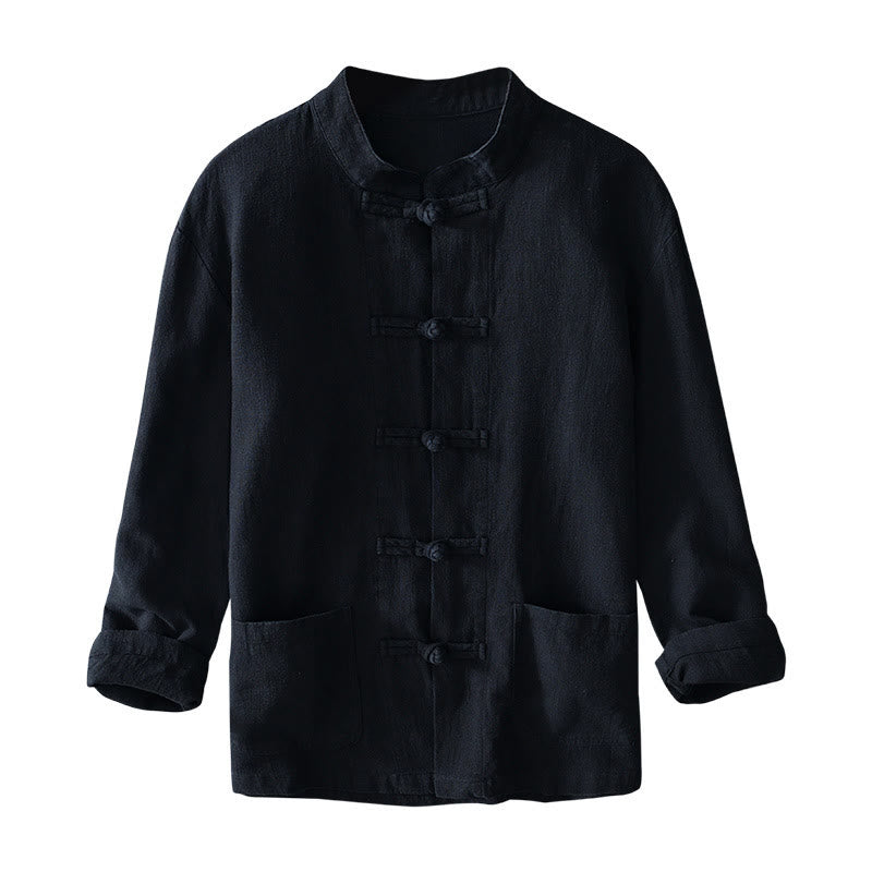 Buddha Stones Frog-Button Chinese Tang Suit Cotton Linen Men Jacket Shirt With Pockets