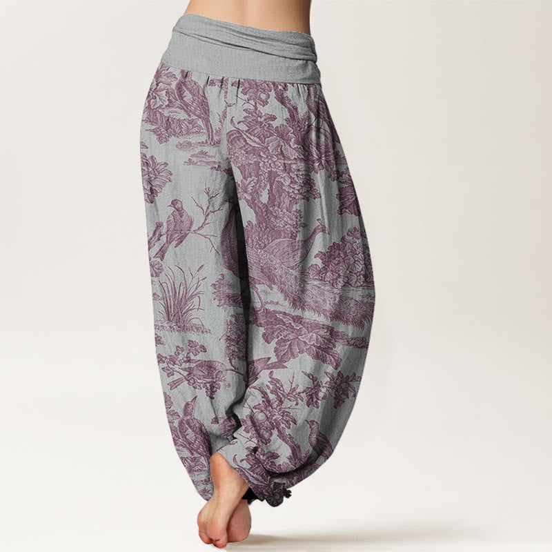 Buddha Stones Cotton Birds Trees Branches Pattern Women's Elastic Waist Harem Pants