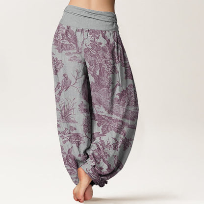 Buddha Stones Cotton Birds Trees Branches Pattern Women's Elastic Waist Harem Pants