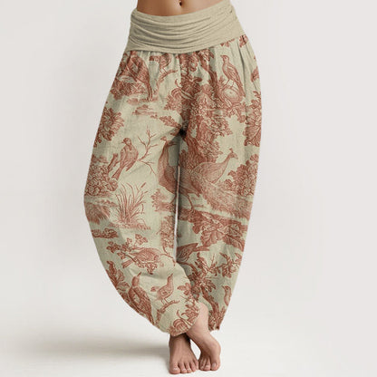 Buddha Stones Cotton Birds Trees Branches Pattern Women's Elastic Waist Harem Pants