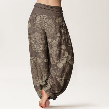 Buddha Stones Cotton Casual Peony Flowers Leaves Women's Elastic Waist Harem Pants