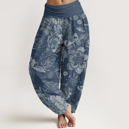 Buddha Stones Cotton Casual Peony Flowers Leaves Women's Elastic Waist Harem Pants