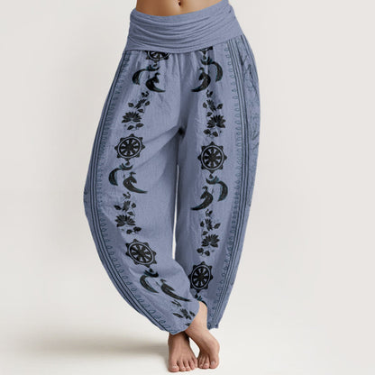Buddha Stones Cotton Dharma Wheel Lotus OM Pattern Women's Elastic Waist Harem Pants