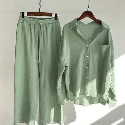 Buddha Stones 2Pcs Long Sleeve Shirt Top With Pockets Drawstring Pants Meditation Cotton Clothing Women's Set