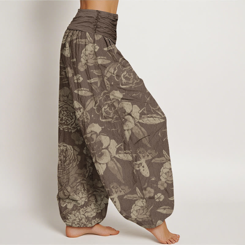 Buddha Stones Cotton Casual Peony Flowers Leaves Women's Elastic Waist Harem Pants
