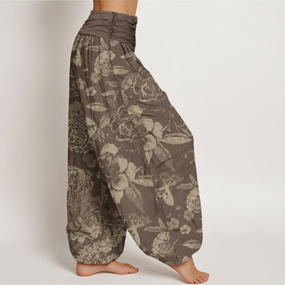 Buddha Stones Cotton Casual Peony Flowers Leaves Women's Elastic Waist Harem Pants