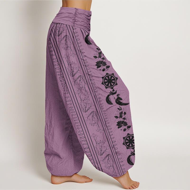 Buddha Stones Cotton Dharma Wheel Lotus OM Pattern Women's Elastic Waist Harem Pants
