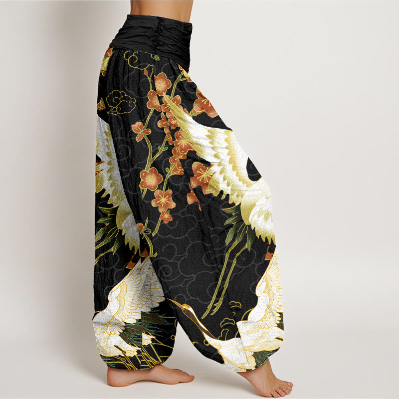 Buddha Stones Cotton Cranes Flowers Auspicious Clouds pattern Women's Elastic Waist Harem Pants