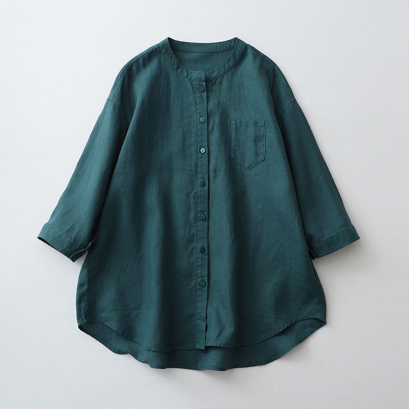 Buddha Stones Solid Color Button Three Quarter Sleeve Shirt