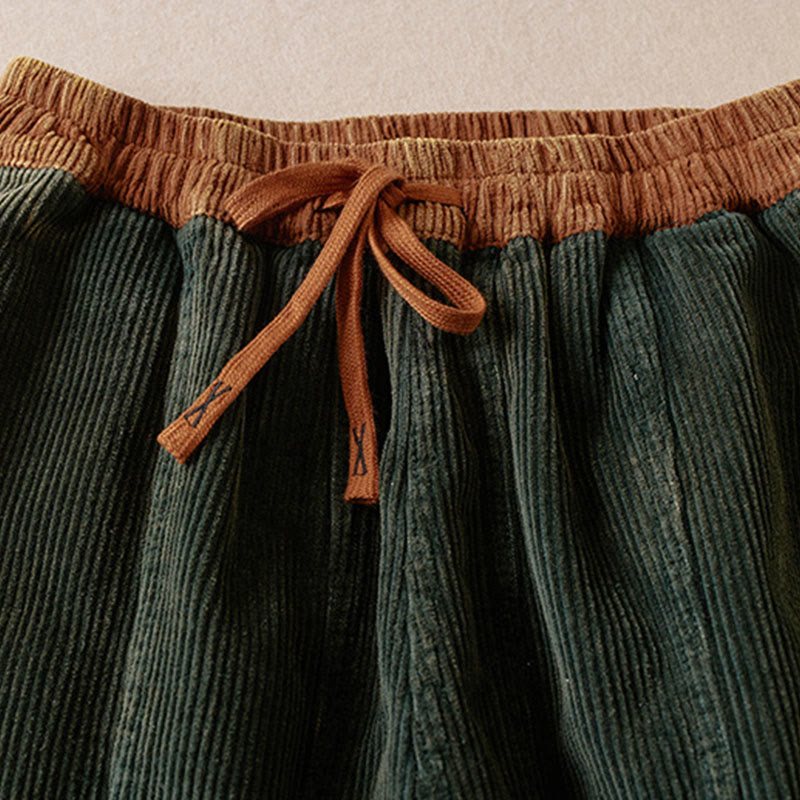 Buddha Stones Color Contrast Corduroy Cotton Women's Thermal Fleece-Lined Harem Pants With Pockets