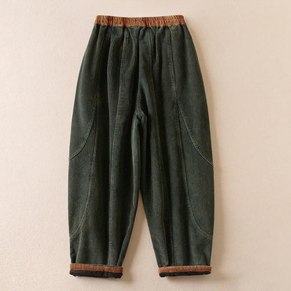 Buddha Stones Color Contrast Corduroy Cotton Women's Thermal Fleece-Lined Harem Pants With Pockets