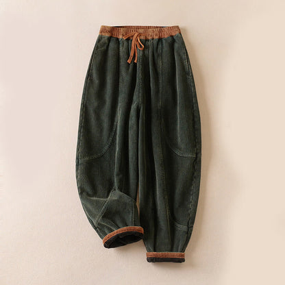 Buddha Stones Color Contrast Corduroy Cotton Women's Thermal Fleece-Lined Harem Pants With Pockets