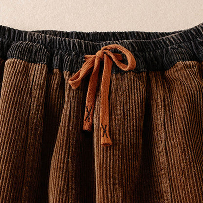 Buddha Stones Color Contrast Corduroy Cotton Women's Thermal Fleece-Lined Harem Pants With Pockets