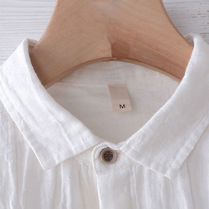Buddha Stones Men's Shirt Solid Color Lapel Top Short Sleeve Comfy Button Crease Cotton Linen Shirt
