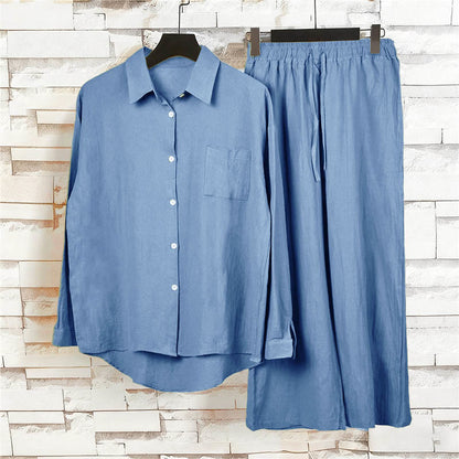 Buddha Stones 2Pcs Long Sleeve Shirt Top With Pockets Drawstring Pants Meditation Cotton Clothing Women's Set
