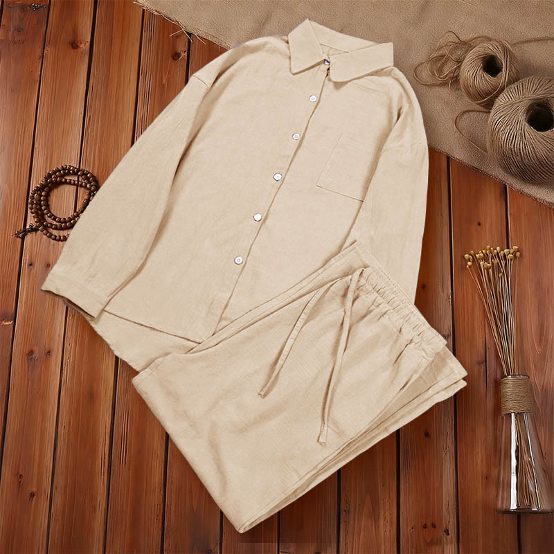 Buddha Stones 2Pcs Long Sleeve Shirt Top With Pockets Drawstring Pants Meditation Cotton Clothing Women's Set
