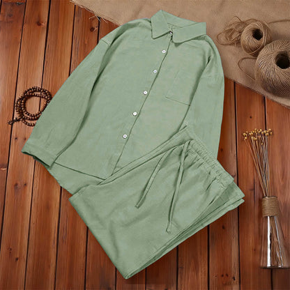 Buddha Stones 2Pcs Long Sleeve Shirt Top With Pockets Drawstring Pants Meditation Cotton Clothing Women's Set