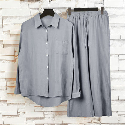 Buddha Stones 2Pcs Long Sleeve Shirt Top With Pockets Drawstring Pants Meditation Cotton Clothing Women's Set