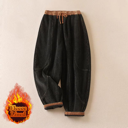 Buddha Stones Color Contrast Corduroy Cotton Women's Thermal Fleece-Lined Harem Pants With Pockets