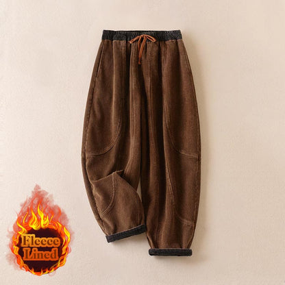 Buddha Stones Color Contrast Corduroy Cotton Women's Thermal Fleece-Lined Harem Pants With Pockets