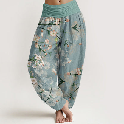 Buddha Stones Pure Cotton Peach Blossoms Flying Geese Pattern Women's Elastic Waist Harem Pants