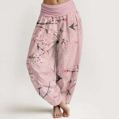 Buddha Stones Pure Cotton Peach Blossoms Flying Geese Pattern Women's Elastic Waist Harem Pants