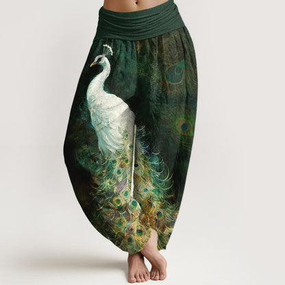 Buddha Stones Pure Cotton Gorgeous Peacock Pattern Women's Elastic Waist Harem Pants