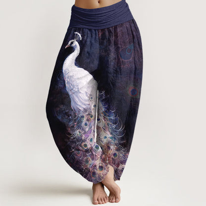 Buddha Stones Pure Cotton Gorgeous Peacock Pattern Women's Elastic Waist Harem Pants