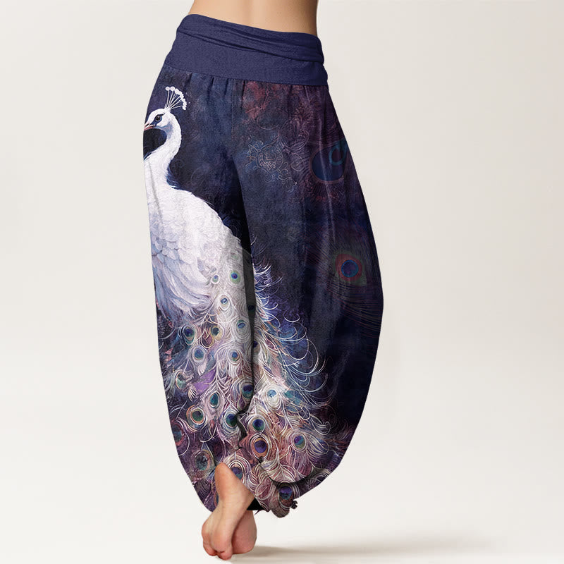 Buddha Stones Pure Cotton Gorgeous Peacock Pattern Women's Elastic Waist Harem Pants