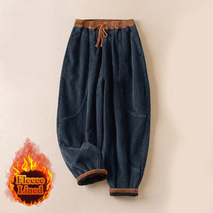 Buddha Stones Color Contrast Corduroy Cotton Women's Thermal Fleece-Lined Harem Pants With Pockets