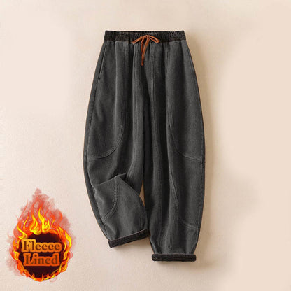 Buddha Stones Color Contrast Corduroy Cotton Women's Thermal Fleece-Lined Harem Pants With Pockets