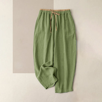 Buddha Stones Casual Solid Color Cotton Linen Drawstring Women's Pants With Pockets