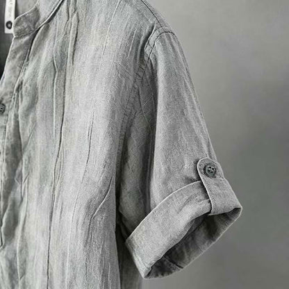 Buddha Stones Solid Color Short Sleeve Half Button Shirt Cotton Linen Men Clothing