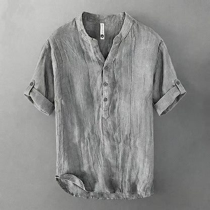 Buddha Stones Solid Color Short Sleeve Half Button Shirt Cotton Linen Men Clothing