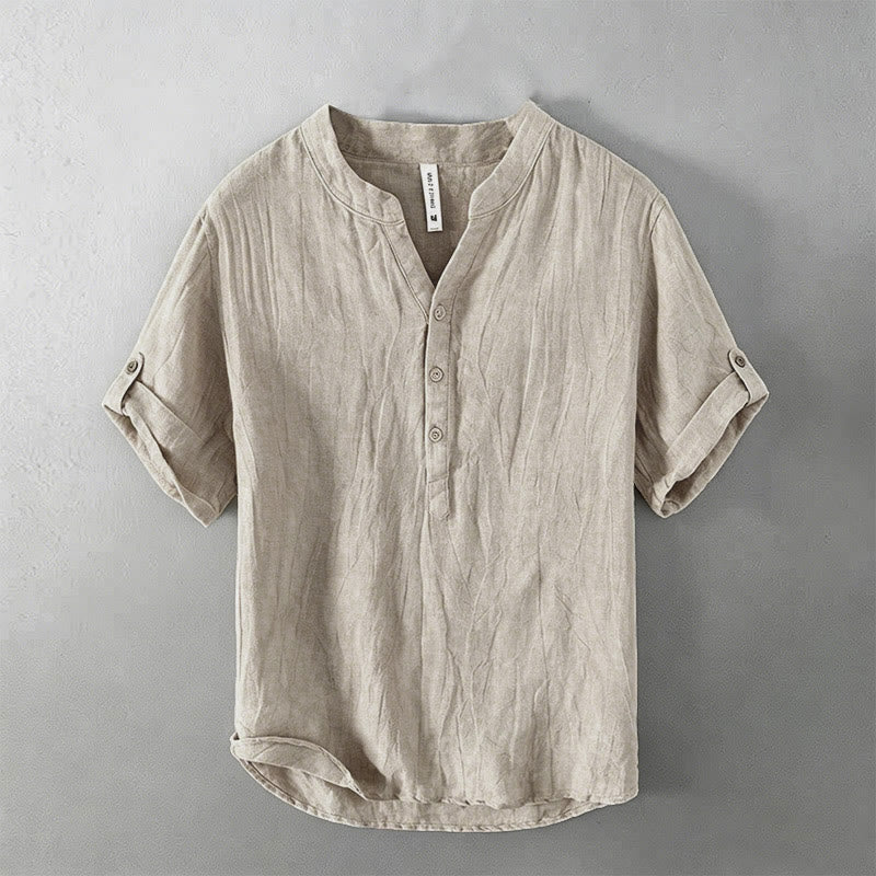 Buddha Stones Solid Color Short Sleeve Half Button Shirt Cotton Linen Men Clothing