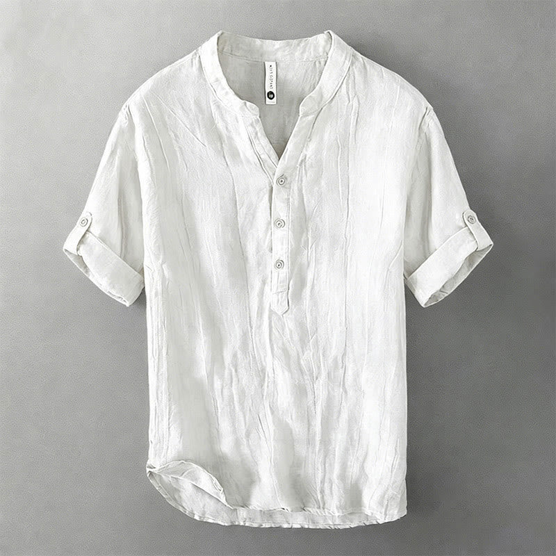 Buddha Stones Solid Color Short Sleeve Half Button Shirt Cotton Linen Men Clothing
