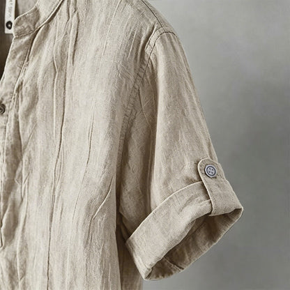 Buddha Stones Solid Color Short Sleeve Half Button Shirt Cotton Linen Men Clothing