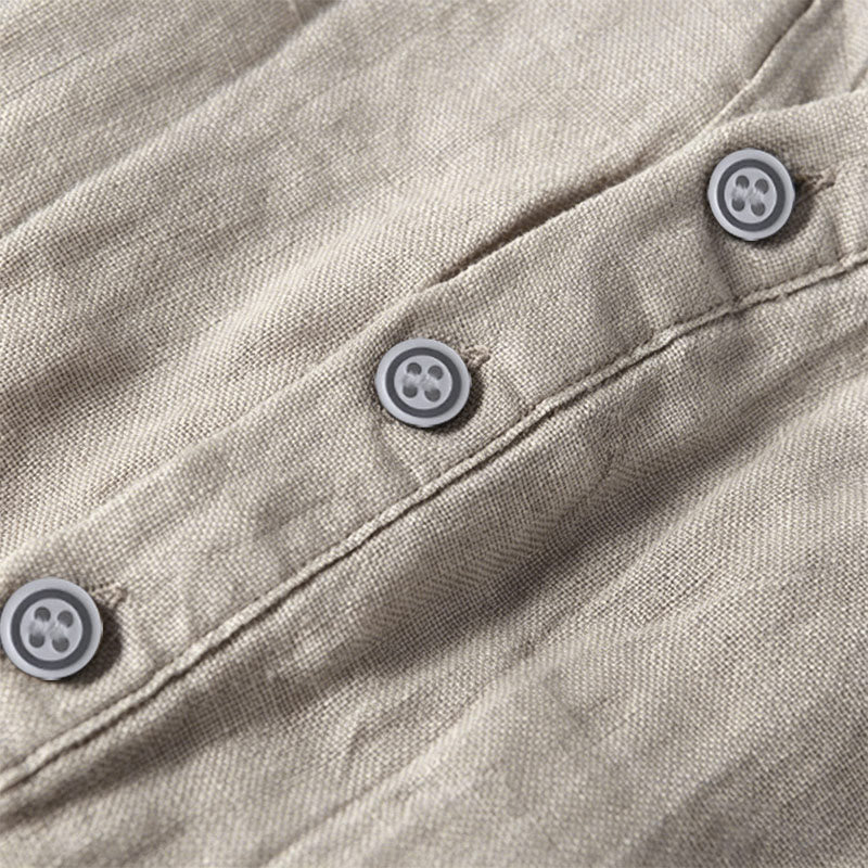 Buddha Stones Solid Color Short Sleeve Half Button Shirt Cotton Linen Men Clothing